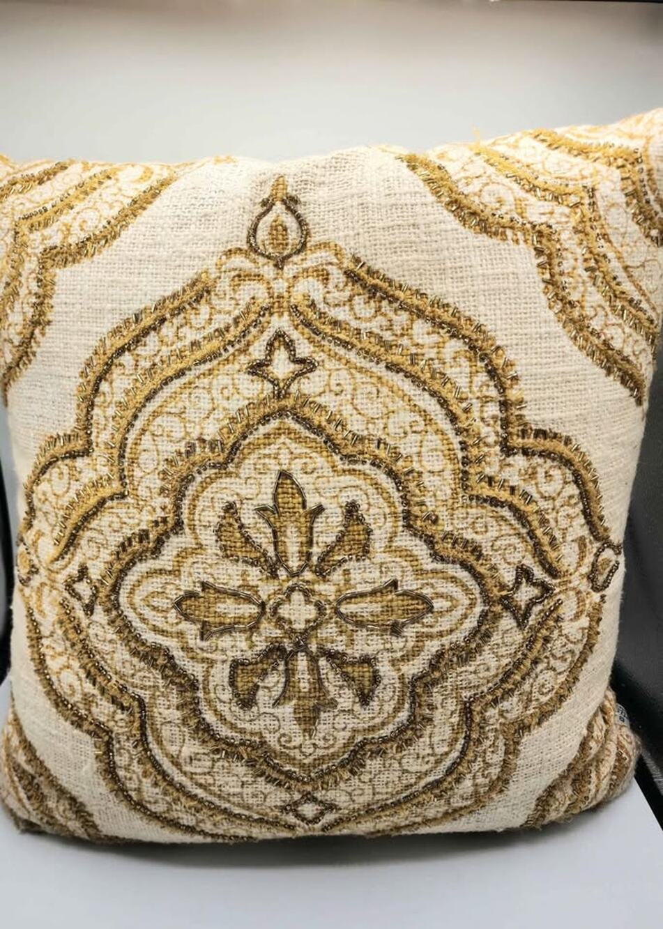 Gold Beige Throw Pillow 17x17 Damask Medallion Pattern Accent Pillow Cushion
